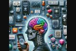 Imagen conceptual que muestra un esqueleto sosteniendo un teléfono inteligente con la palabra 'PEAK' en la pantalla, rodeado de íconos de aplicaciones y elementos visuales relacionados con la tecnología y la función cerebral. La cabeza del esqueleto está reemplazada por un cerebro colorido que destaca sobre un fondo de interfaz de usuario futurista.
