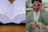 Diccionario abierto y Bad Bunny con lentes oscuros y chamarra
