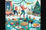 Una ilustración colorida y divertida que muestra a una persona disfrutando de una cena navideña saludable. La escena incluye una mesa festiva con alimentos tradicionales, donde la persona elige porciones más pequeñas, baila al ritmo de la música navideña, bebe agua y prepara un plato saludable. En el fondo, un árbol de Navidad y decoraciones festivas simbolizan el espíritu alegre de la temporada. 