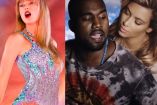 Taylor Swift con vestido en concierto y Kanye West con Kim Kardashian