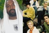 Kanye West con cabeza cubierta y foto antigua de Backstreet Boys