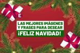 Tarjeta festiva con adornos navideños y el mensaje 'Las mejores imágenes y frases para desear ¡Feliz Navidad!' rodeado de ramas de abeto y regalos.