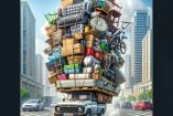 Camioneta sobrecargada con muebles y objetos amontonados en una calle concurrida, ilustrando la creatividad ante un reto de mudanza.