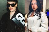 Peso Pluma con lentes, sacando la lengua y Nicki Nicole con chamarra y falda blanca