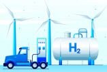 Ilustración de un camión que trasporta hidrógeno como combustible.