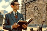 Ilustración de Alfonso Caso en traje de los años 30, analizando ruinas zapotecas, con libros de arqueología a su alrededor, honrado por Google Doodle.