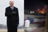 Joe Biden en funeral de militares muertos en Cisjordania a lado de imagen de bombardeo a Irak.