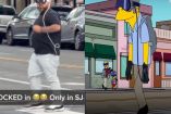 Hombre caminando con Apple Vision Pro y Moe de Los Simpson con lentes de realidad virtual