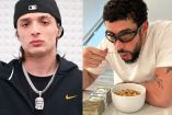 Bad Bunny comiendo cereal y Peso Pluma con gorra negra