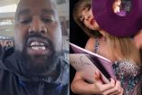 Kanye West enseñando dientes y Taylor Swift enseñando disco LP