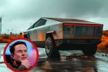 Camioneta Cybertruck de Tesla oxidada y Elon Musk mirando la camioneta.