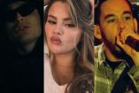 Peso Pluma con lentes, Selena Gomez con mano en cabeza y cantante de Linkin Park con micrófono