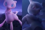 Mew y Mewtwo en la noche peleando
