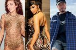 Miley Cyrus con vestido dorado, Cardy B con vestido transparente y J Balvin con chamarra azul
