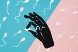 Ilustración de mano sujetando un espermatozoide. 
