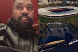 Kanye West hablando con chamarra negra y foto del Estadio Akron