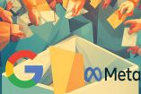 Ilustración de muchas manos que está depositando boletas de elección con los logos de Meta y Google.