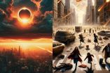 Eclipse solar en ciudad y personas corriendo por fin del mundo