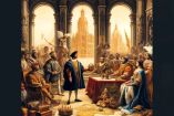 Cristóbal Colón presentando sus descubrimientos a los Reyes Católicos en un gran salón en Barcelona, 1493, rodeado de cortesanos y personas indígenas.