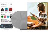 Una bocina Sonos, su app y una persona utilizándola a través de su celular.