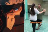 Gojo con banda en un ojo y hombre y mujer bailando salsa de Jujutsu Kaisen