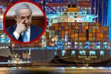 Barco de mercancias con el rostro de Benjamin Netanyahu a lado.