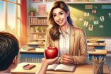 Maestra sonriente recibiendo una manzana de su alumno