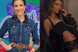 Verónica Toussaint con traje de mezclilla y Belinda con teléfono
