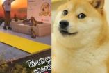 Estatua de perro con gatos y meme doge de Kabosu