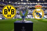 'La Orejona' en medio de los escudos del Dortmund y el Real Madrid.