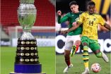 Trofeo de Copa América y jugadores de México y Jamaica disputando el balón.