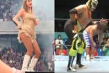 Taylor Swift bailando en concierto y Mr. Niebla bailando en ring