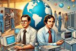 Ilustración de Jon Postel y Paul Mockapetris trabajando en el desarrollo del Sistema de Nombres de Dominio (DNS) en 1983, mostrando servidores y conexiones globales que simbolizan la red de Internet.