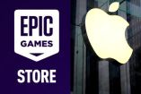 Logo de Epic Games con fondo morado: loco de manzana de Apple atrás