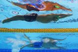 Nadadores olímpicos en competencia.