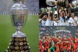 Trofeo de la Copa América junto con el actual campeón (Argentina) y el único campeón en Estados Unidos (Chile).