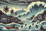 Ilustración del maremoto de 1979 en Indonesia, mostrando enormes olas golpeando las costas, personas huyendo y un bote de rescate en acción. El evento trágico, causado por un terremoto submarino en el Océano Índico, resultó en la muerte de más de quinientas personas y la destrucción de muchas comunidades en Sumatra y Java.