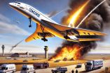 Representación artística del accidente del Concorde de Air France en 2000, mostrando el avión envuelto en llamas y el impacto devastador en Gonesse, Francia.