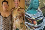 Mark Zuckerberg con esposa y estatua azul