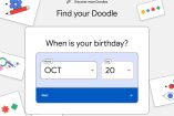 Interfaz de la herramienta 'Find your Doodle' de Google, que permite a los usuarios buscar Doodles del día de su cumpleaños. En la imagen, se muestra un formulario donde se selecciona el mes y el día de nacimiento, con el mes 'OCT' y el día '20' elegidos.