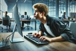 Un joven de la Generación Z en una oficina moderna, mirando con concentración el teclado físico mientras escribe con dificultad. En el fondo, compañeros de trabajo teclean eficientemente en sus computadoras, resaltando el contraste en habilidades.