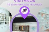 Imagen de la fachada de ALF Beauty, una clínica de estética y belleza, mostrando un interior moderno con estanterías blancas llenas de productos de cuidado personal. El anuncio invita a visitar las instalaciones, con un marcador de ubicación púrpura en el centro que destaca el logo de la empresa.