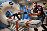 Un oficial de policía sorprendido intenta sostener su rifle mientras es atraído por la potente fuerza magnética de una máquina de resonancia magnética en un centro médico. Un médico reacciona alarmado ante el caos en la sala.