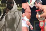 Kanye West con sudadera blanca y luchadores en cuadrilátero