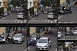 Secuencia de imágenes que muestra a un motociclista sin casco adecuadamente, incorporándose imprudentemente en sentido contrario desde una calle lateral con autos estacionados, lo que provoca una colisión con un vehículo que circula correctamente en una calle residencial de la Ciudad de México.