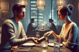 Una pareja en un restaurante elegante, durante una primera cita. Uno de ellos se inclina para sacar su billetera, mientras el otro mira con incertidumbre. El ambiente es acogedor, con iluminación tenue y una vista nocturna de la ciudad, simbolizando el debate sobre quién paga en la primera cita.