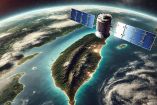 Un satélite moderno con paneles solares extendidos orbitando sobre Taiwán, mostrando la isla desde el espacio con su paisaje visible y el océano alrededor. La imagen simboliza los avances tecnológicos de Taiwán para proteger sus comunicaciones con una red de internet satelital.