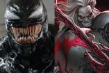 Knull sentado en trono y Venom sonriendo