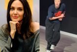 Angelina Jolie con mano en mentón y Shiloh Jolie bailamdo