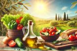 Fotografía horizontal de un ambiente mediterráneo, con una mesa de madera rústica que muestra una botella de aceite de oliva, un bol con vegetales frescos como tomates y hojas verdes, y un pan integral. Al fondo, un paisaje soleado con árboles de olivo y un cielo azul claro, evocando salud, sostenibilidad y calidez.